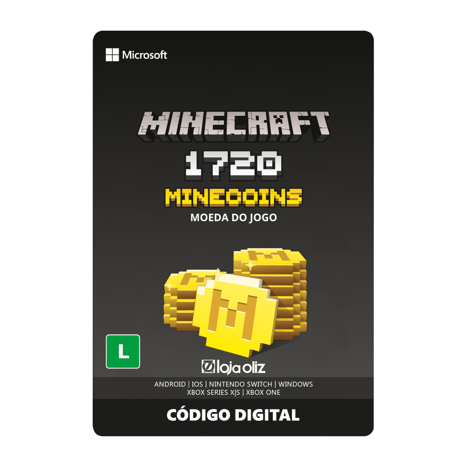 Gift Card Moeda para Jogo Minecraft Minecoins - 1720 Coins Loja Oliz 